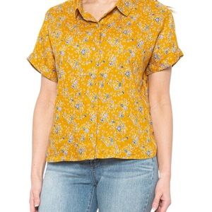 Rachel Zoe Button Up Blouse Short Sleeve Mustard Yellow Floral Linen Size Small